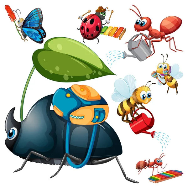 Set Van Verschillende Insecten Stripfiguren Illustratie — Stockvector