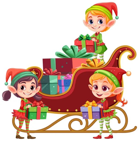 Ξωτικά Παράδοση Χριστουγεννιάτικα Δώρα Εικονογράφηση — Διανυσματικό Αρχείο