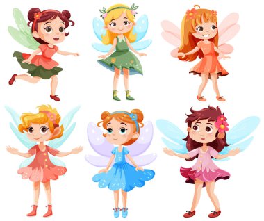 Bir dizi şirin fantezi perisi çizgi film karakteri çizimi
