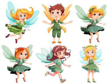 Bir dizi şirin fantezi perisi çizgi film karakteri çizimi