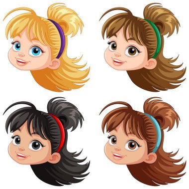 Set of girl cartoon head different hair colour illustration clipart