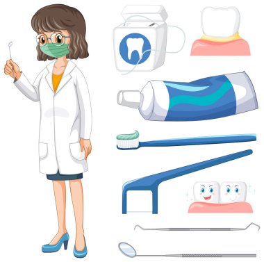 Gülümseyen Dişçi ve Diş Elementleri Vektörü Tanımlama