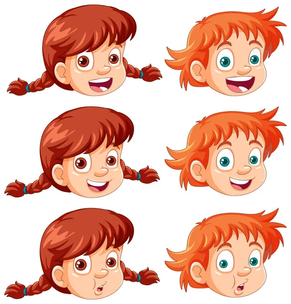 Σύνολο Κορίτσι Και Αγόρι Κινουμένων Σχεδίων Κεφάλι Κόκκινα Μαλλιά Εικονογράφηση — Διανυσματικό Αρχείο