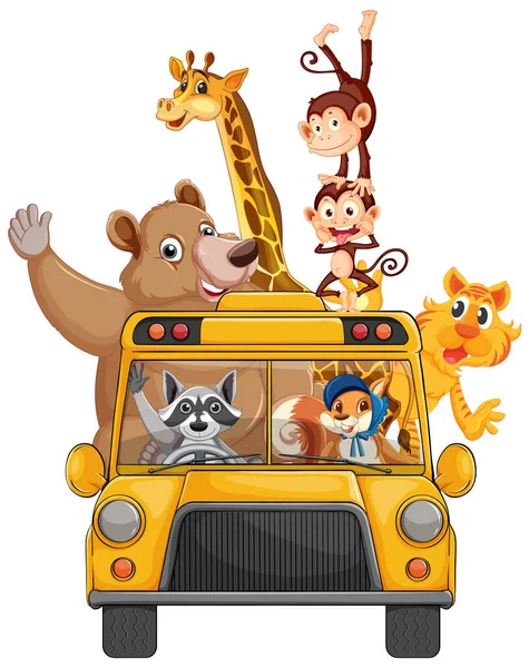 Vários Animais Ilustração Ônibus Escolar — Vetor de Stock