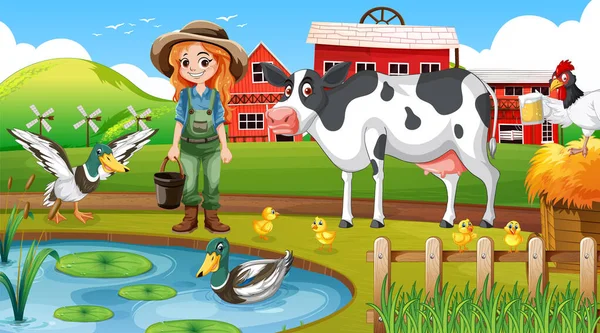 Cute Farmer Cartoon Character Rural Farm Land Illustration — Stock Vector