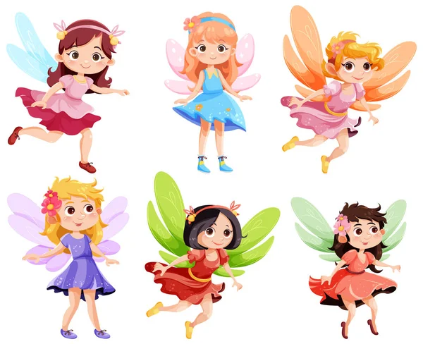 Set Cute Fantasy Fairies Cartoon Character Illustration — Stock Vector
