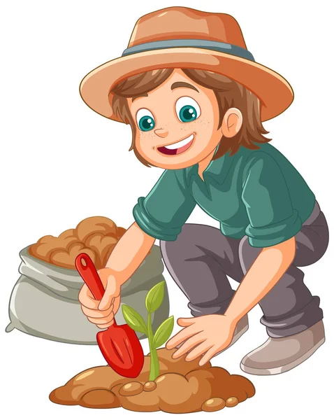 Agricultor Plantando Una Pequeña Planta Suelo Ilustración Aislada — Vector de stock