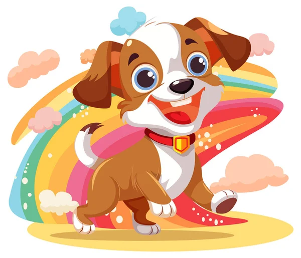 Schattige Hond Cartoon Karakter Met Regenboog Geïsoleerde Illustratie — Stockvector