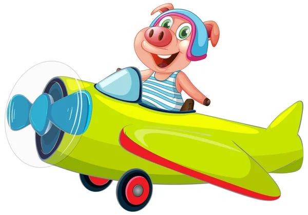 Cute Pig Driving Plane Illustration — Stock Vector