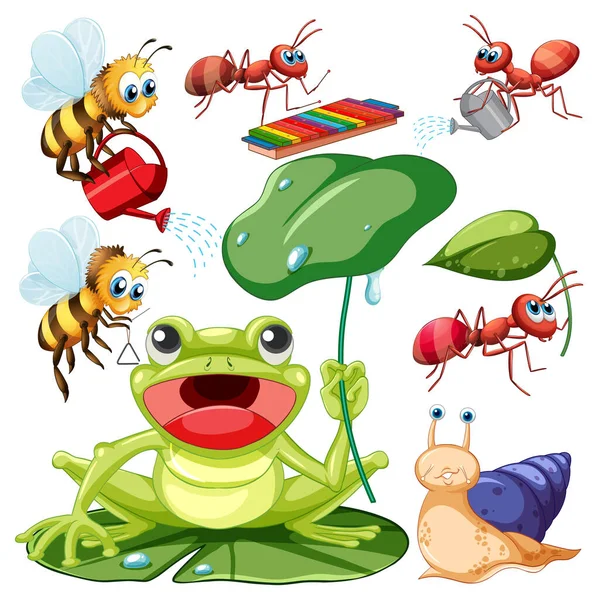 Een Kikker Met Verschillende Insecten Set Illustratie — Stockvector