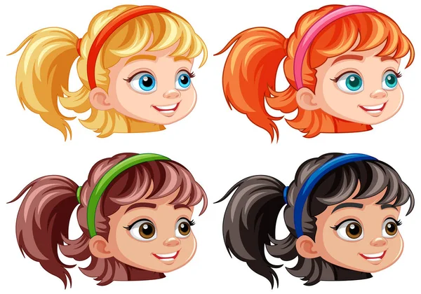 Sada Dívky Kreslené Hlavy Různé Barvy Vlasů Ilustrace — Stockový vektor