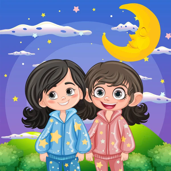 パジャマのイラストを着た夜の庭の2人の友人 — ストックベクタ