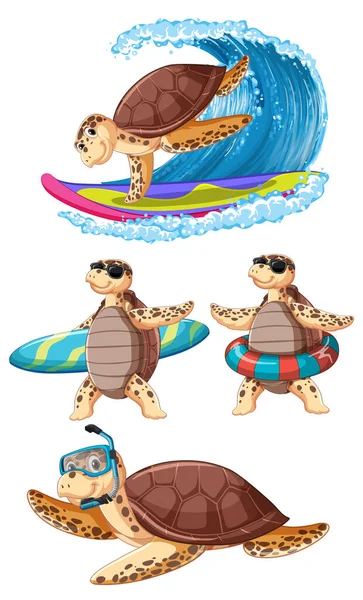 Sea Turtle Cartoon Characters Summer Theme Illustration — 스톡 벡터