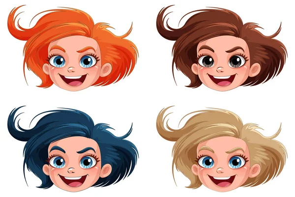 Набір Дівчат Мультяшна Голова Різного Кольору Волосся Ілюстрація — стоковий вектор