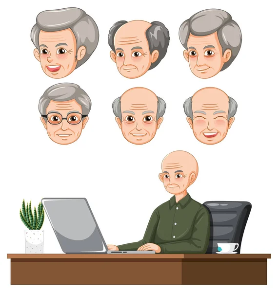 Set Grandfather Different Facial Expression Using Computer Illustration — Stock Vector