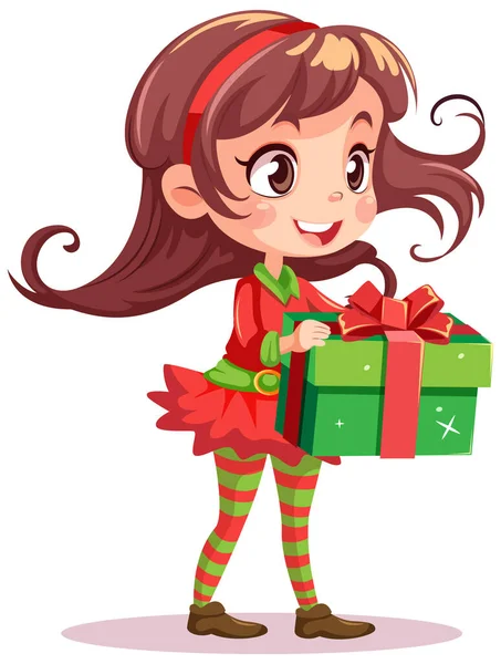 Elfo Menina Desenho Animado Natal Personagem Segurando Presente Ilustração — Vetor de Stock
