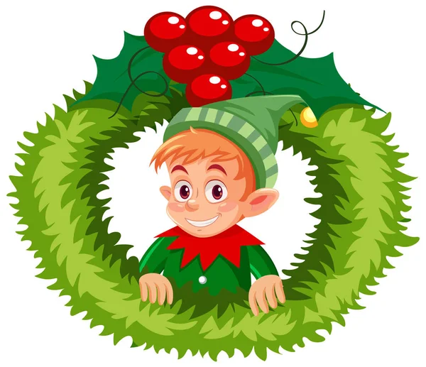 Elf Χαρακτήρα Κινουμένων Σχεδίων Στο Μεταξύ Χριστούγεννα Εικόνα Στεφάνι — Διανυσματικό Αρχείο