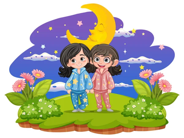 Dos Amigos Jardín Por Noche Usando Pijamas Ilustración Aislada — Archivo Imágenes Vectoriales