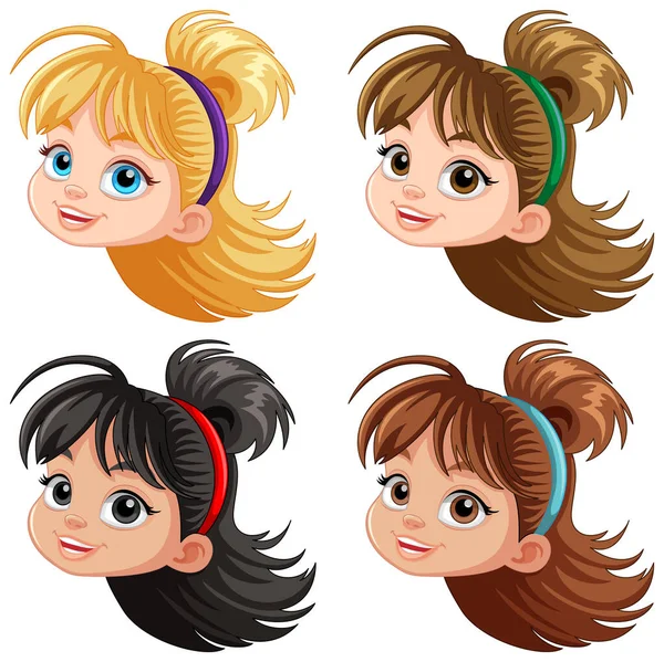 Kız Çizgi Film Başlarının Farklı Saç Renkleri Var — Stok Vektör