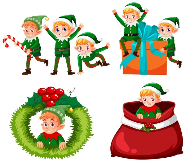 Set Happy Christmas Elfs Illustration — Stock Vector