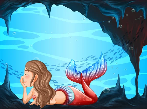 Beautiful Mermaid Underwater Cave Scene Illustration — Stock Vector