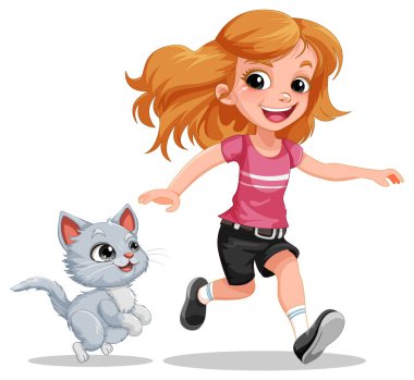 A girl playing with her cat illustration