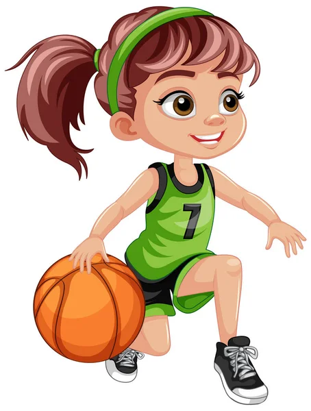 Basketbol Oynayan Sevimli Kız Illüstrasyonu — Stok Vektör
