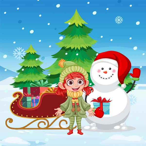 Gelukkig Meisje Met Sneeuwpop Winter Achtergrond Illustratie — Stockvector