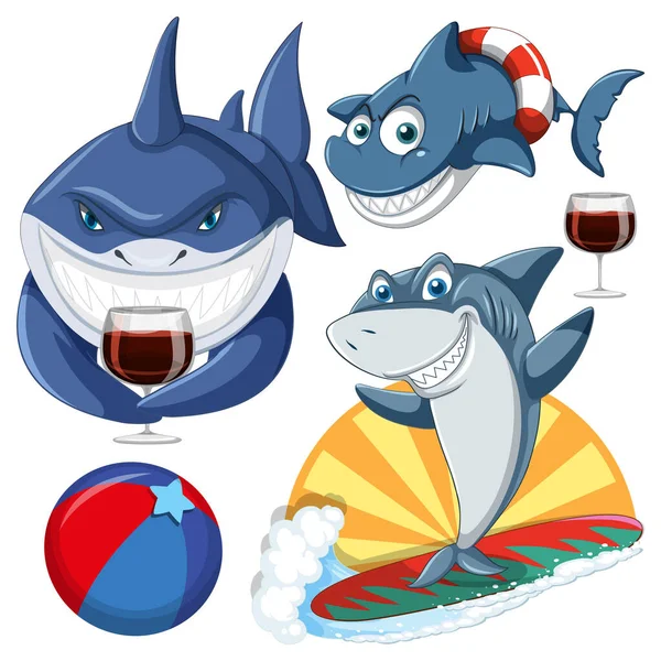 Conjunto Personajes Dibujos Animados Tiburones Ilustración Verano — Vector de stock