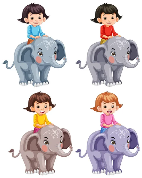 Kolekcja Różnych Dzieci Jazda Słonie Ilustracja — Wektor stockowy