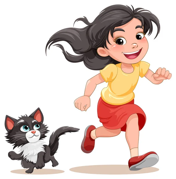 Happy Asian Girl Running Cartoon Illustration — Stock Vector