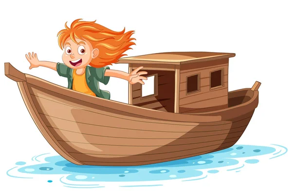 Adventure Girl Wooden Boat Illustration — Stock Vector