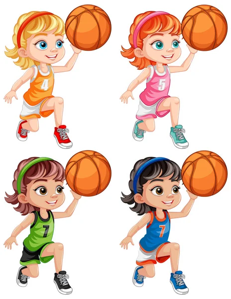 Basketbol Oynayan Şirin Kızlar Koleksiyonu Illüstrasyonu — Stok Vektör