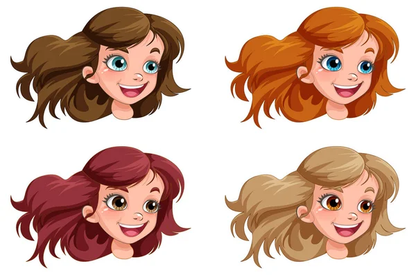 Coleção Diferentes Cabeças Meninas Desenhos Animados Personagens Ilustração — Vetor de Stock
