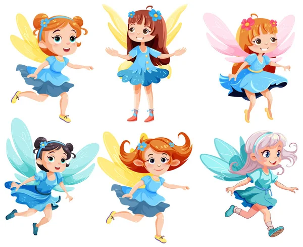 Set Cute Fantasy Fairies Cartoon Character Illustration — Stock Vector