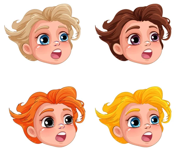 Set Von Mädchen Cartoon Kopf Verschiedene Haarfarbe Illustration — Stockvektor