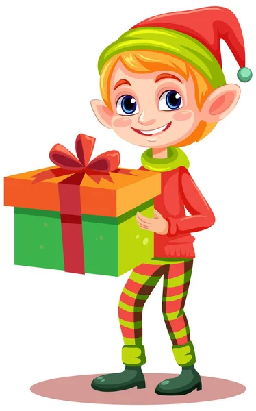 Elfe Joyeux Tenant Une Illustration Boîte Cadeau — Image vectorielle