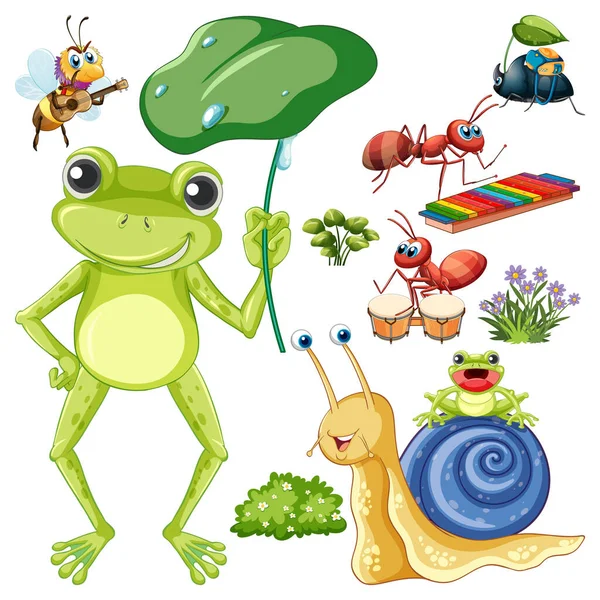 Insects Frog Snail Set Illustration — Stock Vector