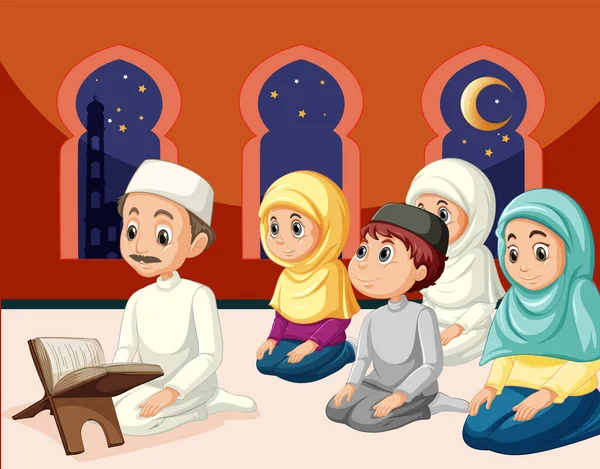 Ilustración Personajes Dibujos Animados Familia Musulmana — Archivo Imágenes Vectoriales