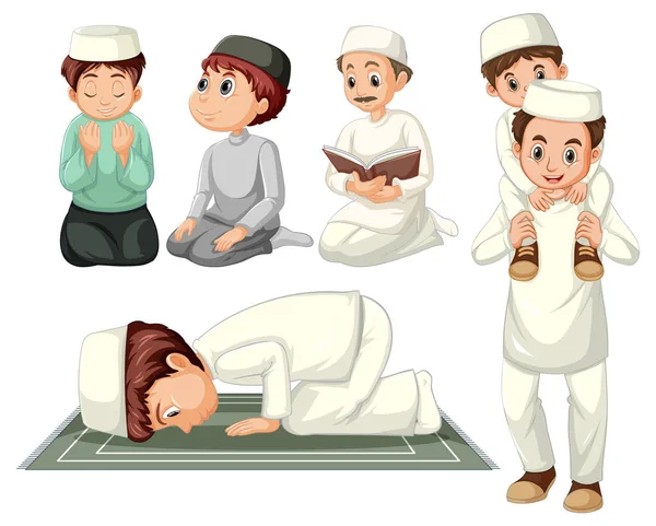 イスラム教徒の人々の漫画のキャラクターイラストのセット — ストックベクタ