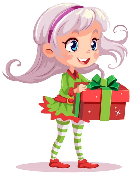 Elf Girl Cartoon Christmas Character Holding Gift Illustration — Stock Vector