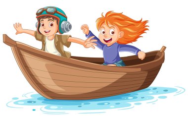 Tahta Teknede İki Çocuk illüstrasyonu