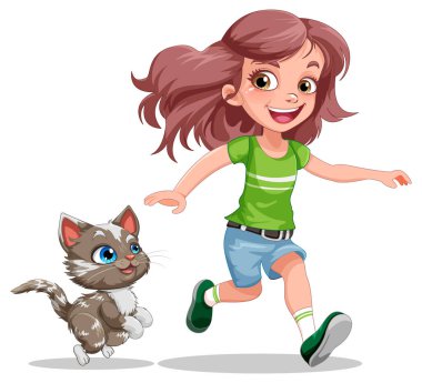 A girl playing with her cat illustration