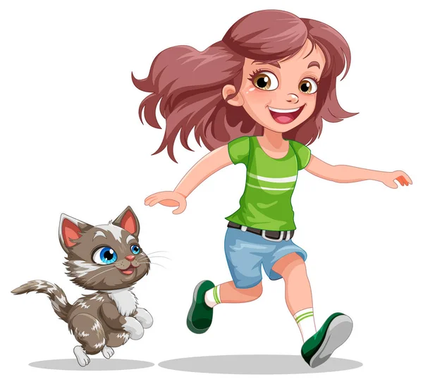 Girl Playing Her Cat Illustration — Vetor de Stock