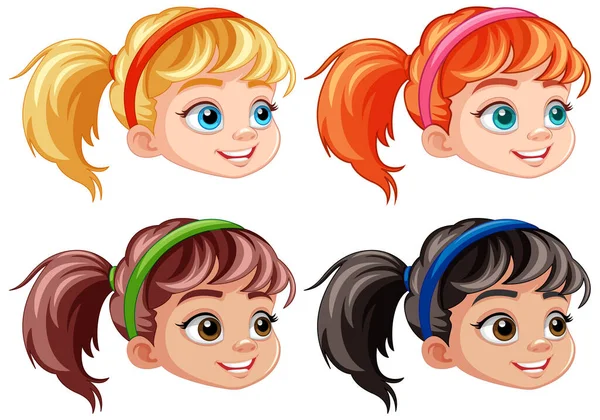 Set Girl Cartoon Head Different Hair Colour Illustration — Stock Vector