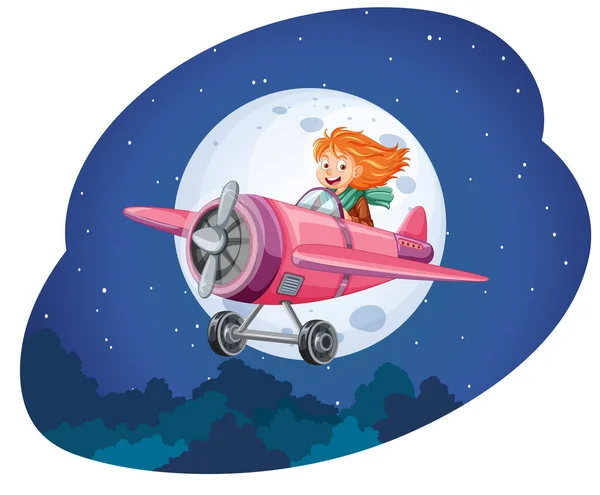 Happy Girl Riding Plane Nuit Illustration — Image vectorielle