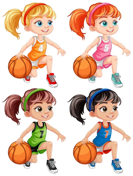 Aranyos Lányok Játszik Kosárlabda Gyűjtemény Illusztráció — Stock Vector