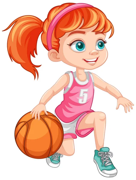 Aranyos Lány Játszik Kosárlabda Illusztráció — Stock Vector