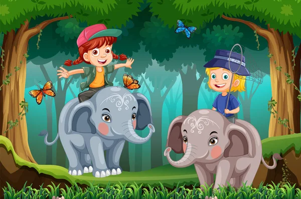 Két Gyerek Lovaglás Elefánt Dzsungelben Illusztráció — Stock Vector