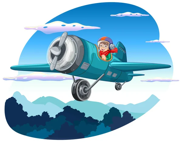 Happy Boy Riding Vliegtuig Lucht Illustratie — Stockvector
